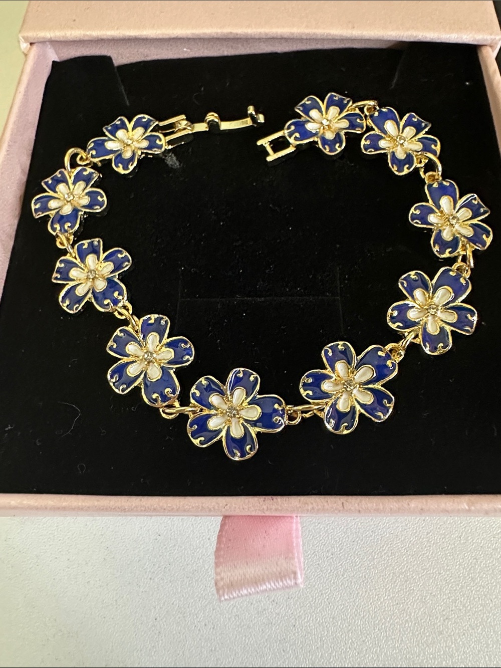 Women's Gold-Tone Blue Enamel Flower Bracelet